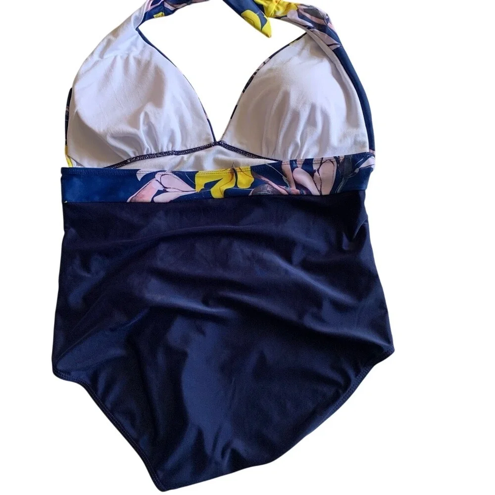 Navy floral one piece Swimsuit, halter neck, size 2XL. Blue/Pink/Yellow …‎